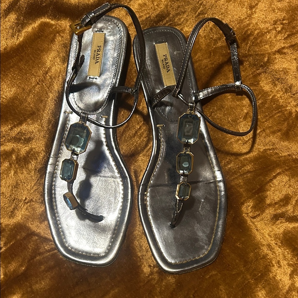 Prada Metallic Silver Leather Gem-Accented T-Strap Sandals